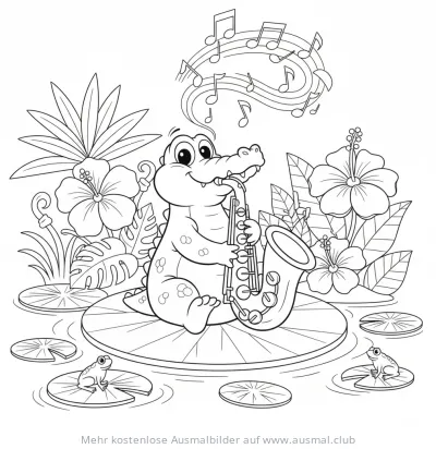 Krokodil spielt Saxophon Ausmalbild mit Musiknoten, Hibiskus und Fröschen