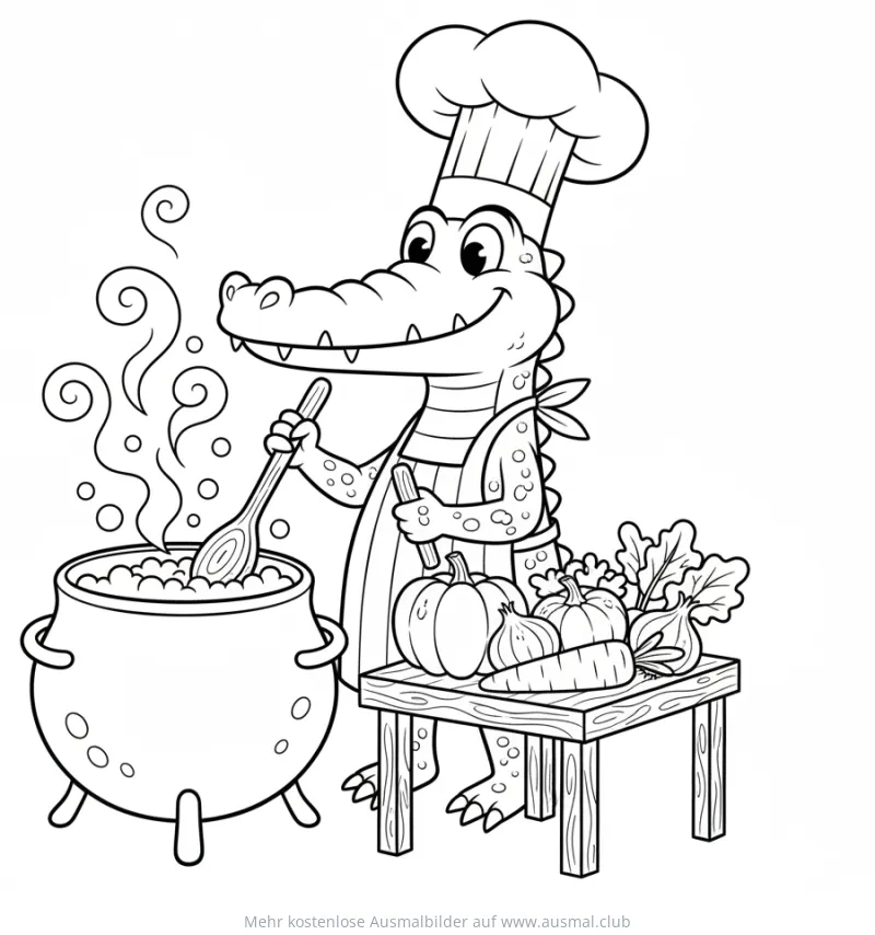 Krokodil als Koch mit Kochtopf und Gemüse Ausmalbild