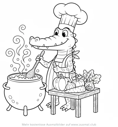 Krokodil als Koch mit Kochtopf und Gemüse Ausmalbild