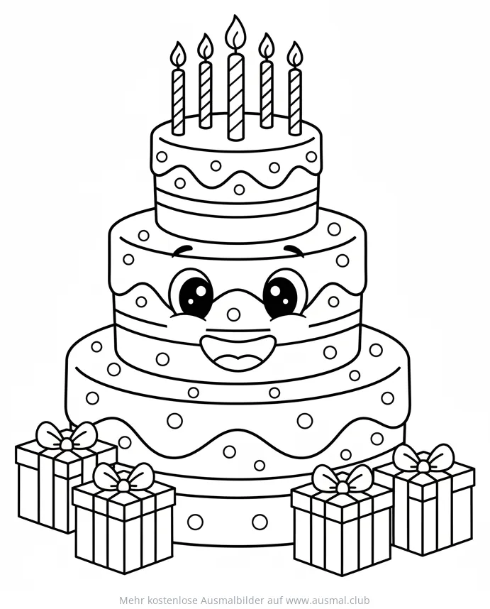 Geburtstagstorte mit Gesicht und Geschenken Ausmalbild