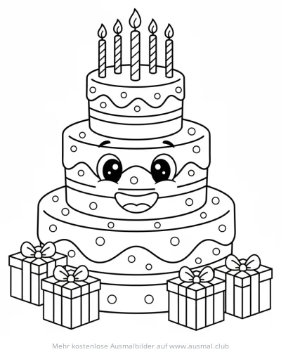 Geburtstagstorte mit Gesicht und Geschenken Ausmalbild