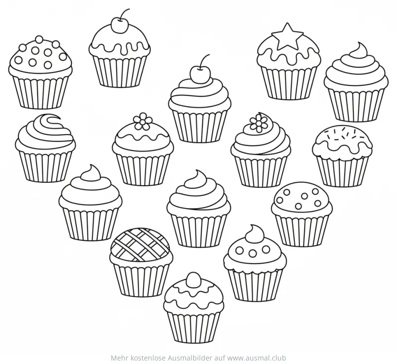 Herzförmige Anordnung von Cupcakes Ausmalbild