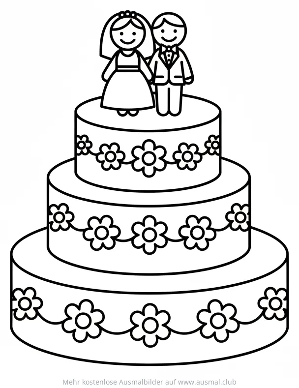 Hochzeitstorte mit Brautpaar als Tortenfiguren Ausmalbild