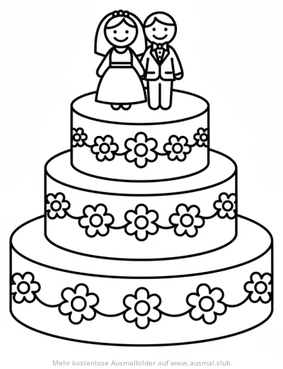 Hochzeitstorte mit Brautpaar als Tortenfiguren Ausmalbild