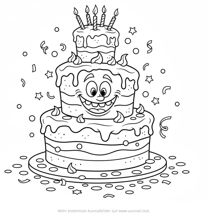 Dreistöckige Geburtstagstorte mit Gesicht und Kerzen Ausmalbild