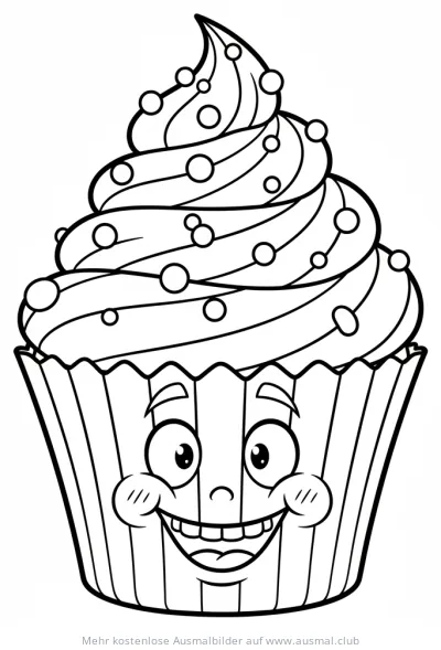 Fröhlicher Cupcake mit Gesicht Ausmalbild
