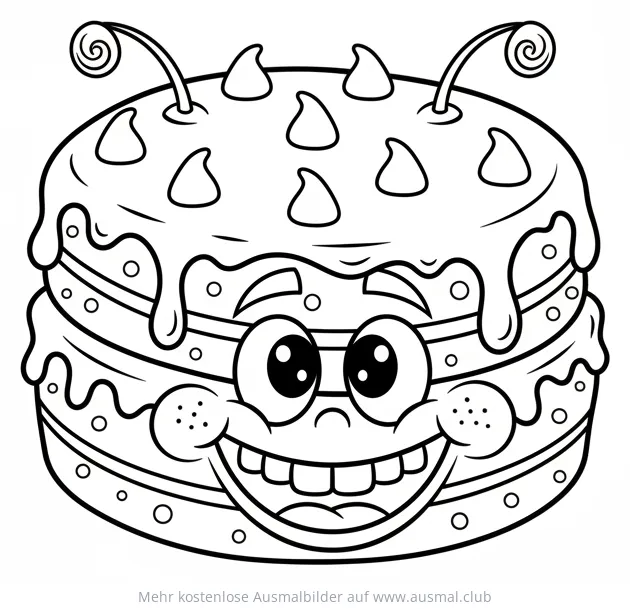 Schokoladenkuchen mit Gesicht Ausmalbild