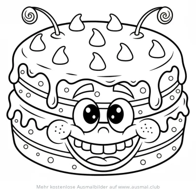 Schokoladenkuchen mit Gesicht Ausmalbild