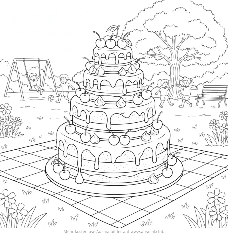 Mehrstöckiger Schokoladenkuchen mit Kirschen Ausmalbild