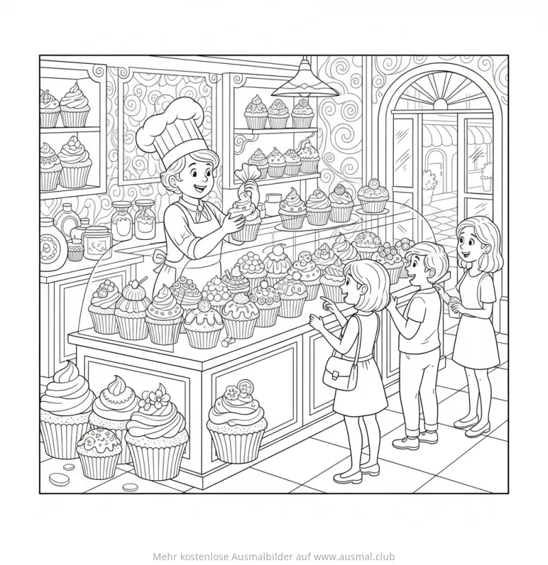 Konditor mit Kindern vor Cupcake-Auslage Ausmalbild