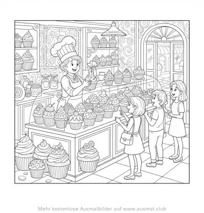 Konditor mit Kindern vor Cupcake-Auslage Ausmalbild