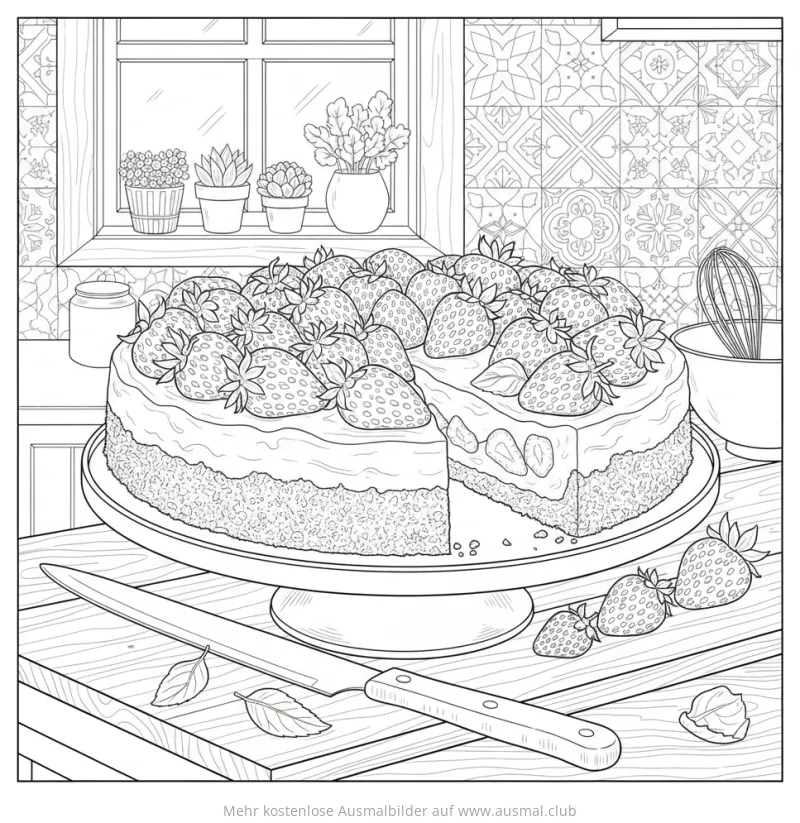 Käsekuchen mit Erdbeeren Ausmalbild