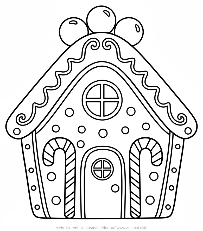 Lebkuchenhaus Ausmalbild mit Zuckerstangen