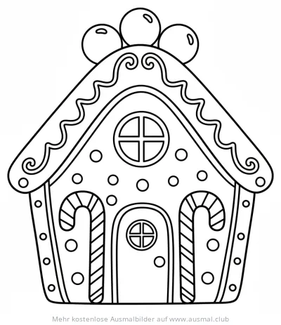 Lebkuchenhaus Ausmalbild mit Zuckerstangen