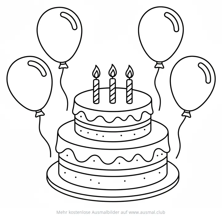 Geburtstagskuchen mit Ballons Ausmalbild