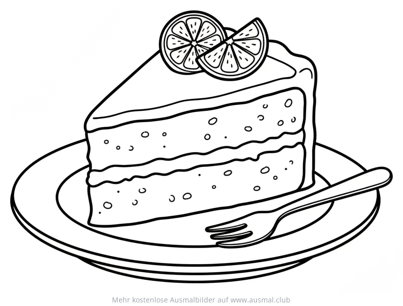 Zitronenkuchenstück mit Gabel auf Teller Ausmalbild
