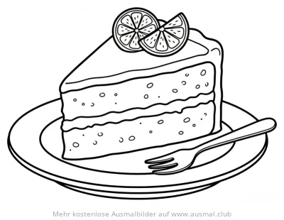 Zitronenkuchenstück mit Gabel auf Teller Ausmalbild