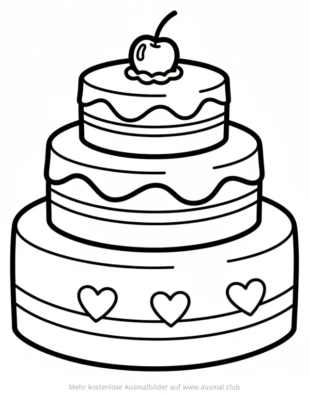 Dreistöckige Torte mit Kirsche und Herzen Ausmalbild
