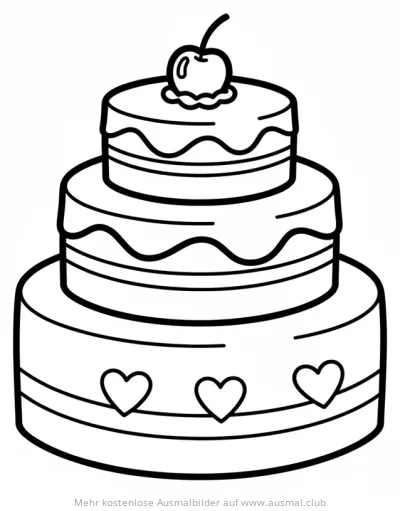 Dreistöckige Torte mit Kirsche und Herzen Ausmalbild