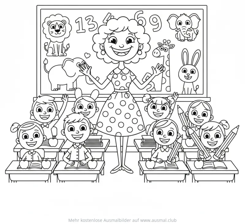 Lehrerin mit Schülern im Klassenzimmer Ausmalbild