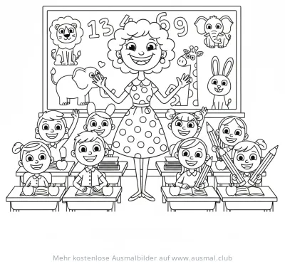 Lehrerin mit Schülern im Klassenzimmer Ausmalbild