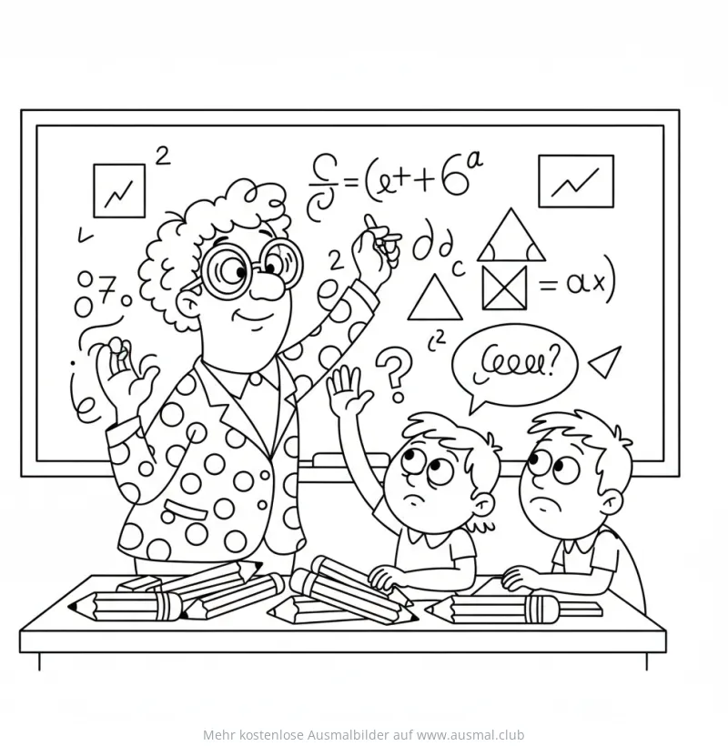 Lehrerin erklärt Mathe an der Tafel, Schüler sitzen am Tisch Ausmalbild