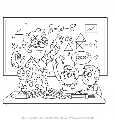 Lehrerin erklärt Mathe an der Tafel, Schüler sitzen am Tisch Ausmalbild