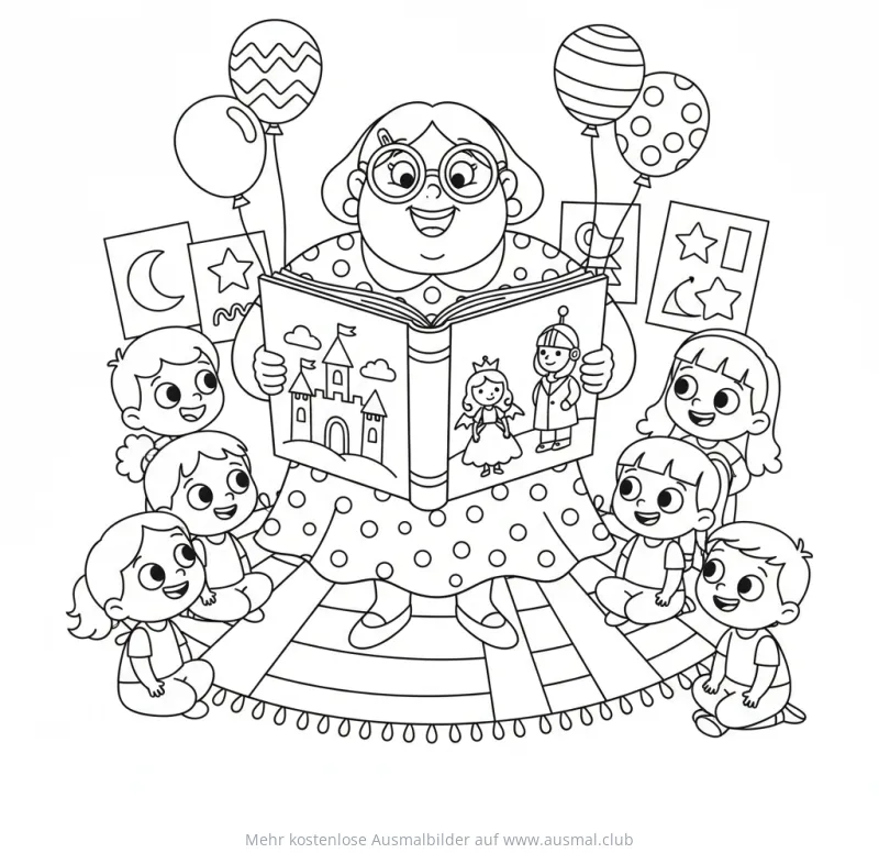 Lehrerin liest Kindern Märchenbuch vor Ausmalbild