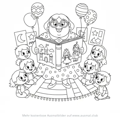 Lehrerin liest Kindern Märchenbuch vor Ausmalbild