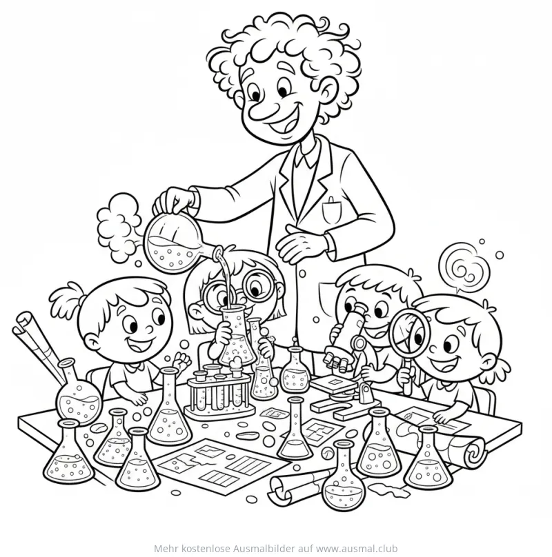 Lehrerin leitet Schüler beim Experimentieren Ausmalbild