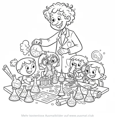 Lehrerin leitet Schüler beim Experimentieren Ausmalbild