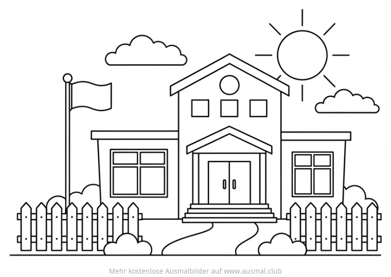 Schule mit Zaun, Sonne und Wolken Ausmalbild