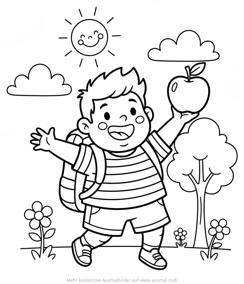 Fröhlicher Schüler mit Rucksack und Apfel Ausmalbild