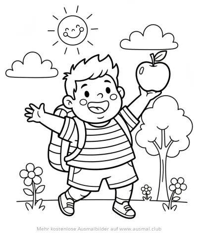 Fröhlicher Schüler mit Rucksack und Apfel Ausmalbild