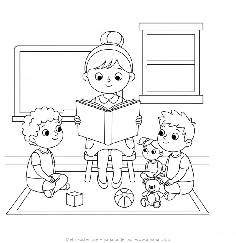 Lehrerin liest Kindern vor Ausmalbild