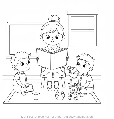 Lehrerin liest Kindern vor Ausmalbild