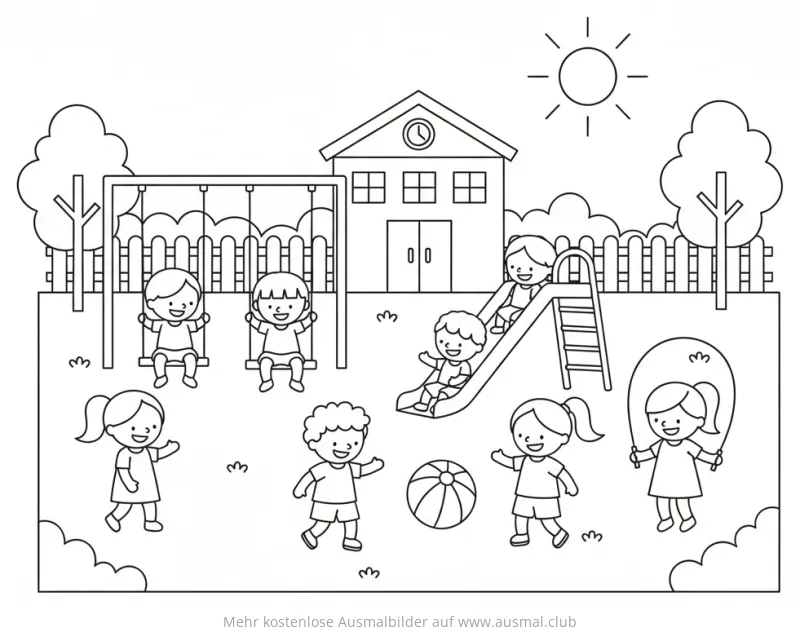 Spielende Kinder auf dem Schulhof Ausmalbild