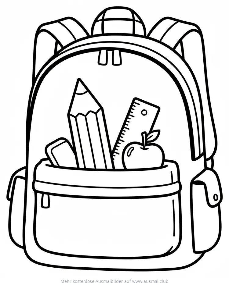 Schulranzen mit Stift, Lineal und Apfel Ausmalbild