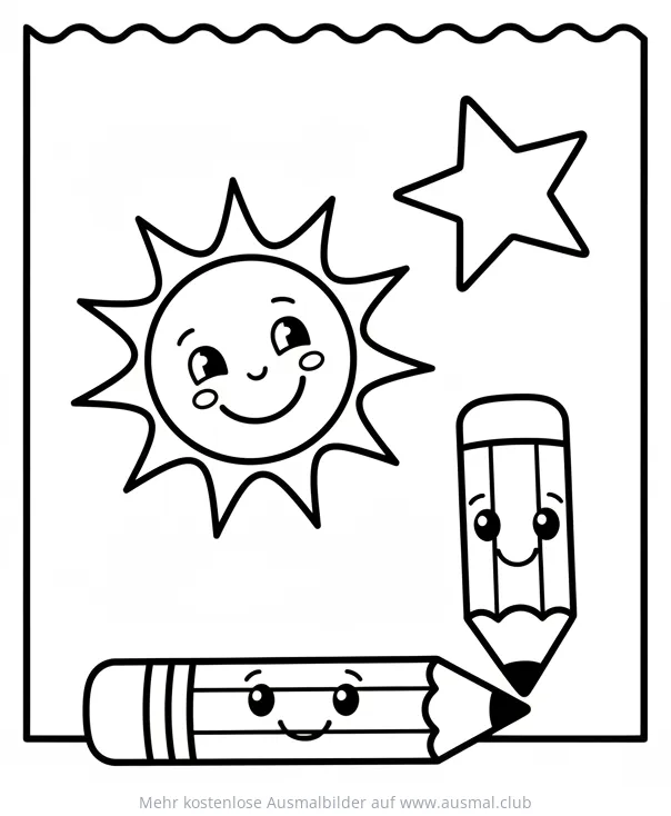 Sonne, Stern und Stifte mit Gesichtern Ausmalbild