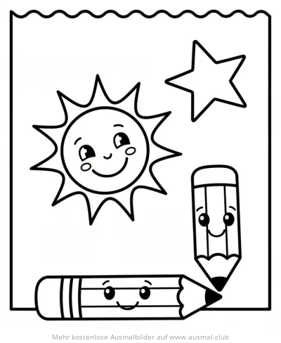 Sonne, Stern und Stifte mit Gesichtern Ausmalbild