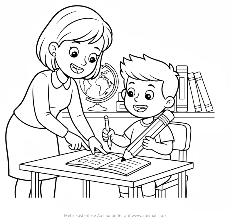 Lehrerin hilft Schüler beim Lernen Ausmalbild