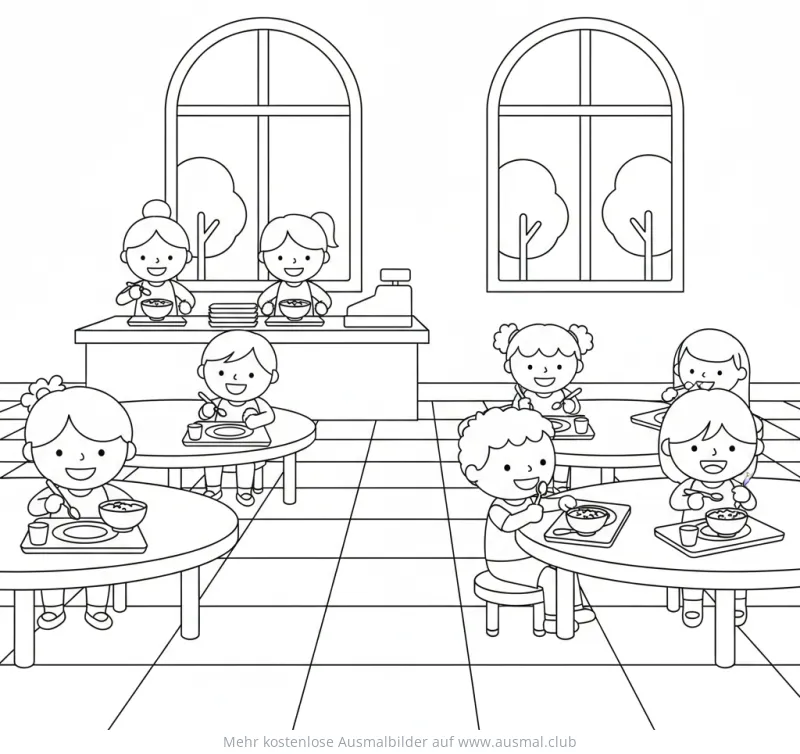 Kinder essen Suppe in einer Schulkantine Ausmalbild