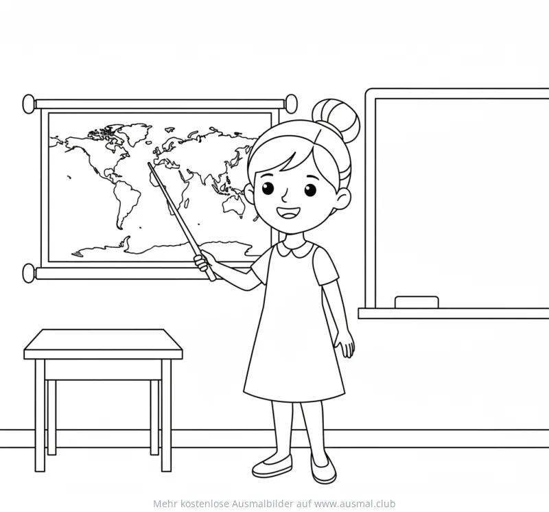Lehrerin zeigt auf Weltkarte Ausmalbild