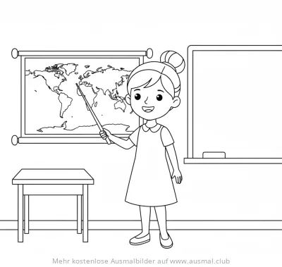 Lehrerin zeigt auf Weltkarte Ausmalbild