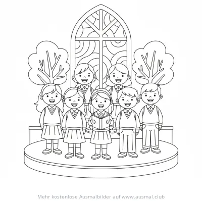 Schulchor mit Kindern vor Fenster Ausmalbild