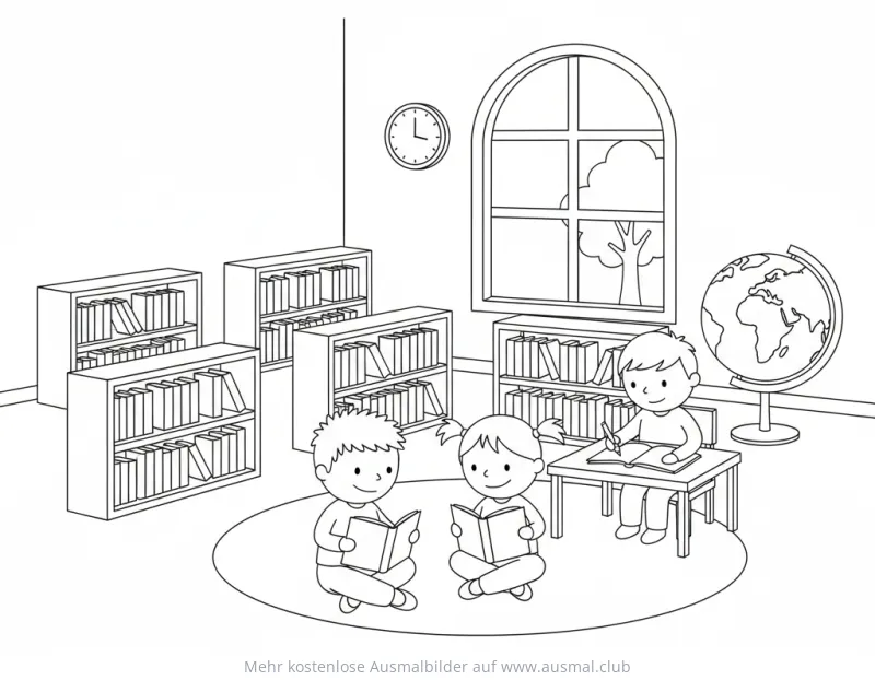 Bibliothek mit Kindern beim Lesen Ausmalbild