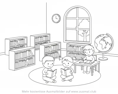 Bibliothek mit Kindern beim Lesen Ausmalbild