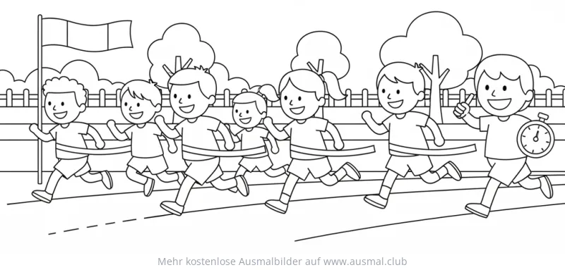 Kinder beim Wettrennen überqueren die Ziellinie Ausmalbild