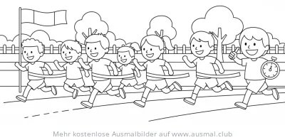 Kinder beim Wettrennen überqueren die Ziellinie Ausmalbild