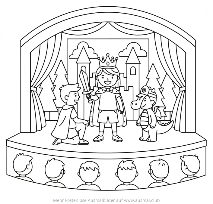 Kinder spielen Theater: König, Untertan und Drache Ausmalbild